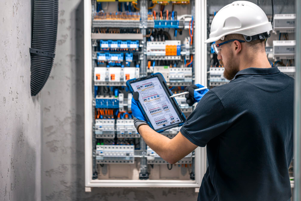 Licensed electrician inspecting electrical switchboard using a digital tablet in Elizabeth Bay