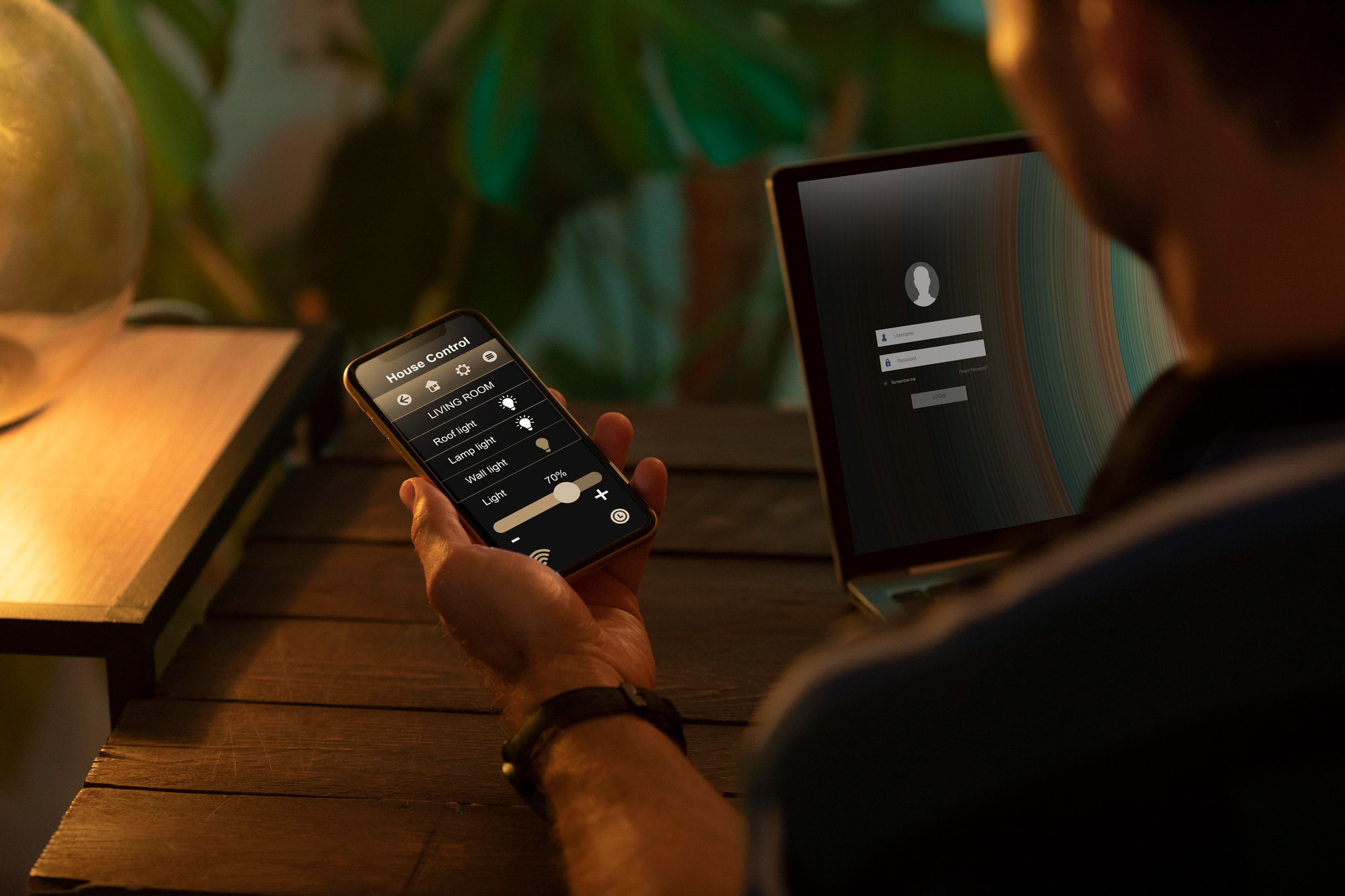 Homeowner using smartphone to manage smart lighting and power devices