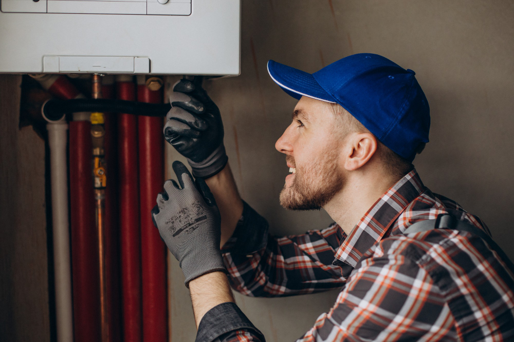 A technician working on a hot water heater installation