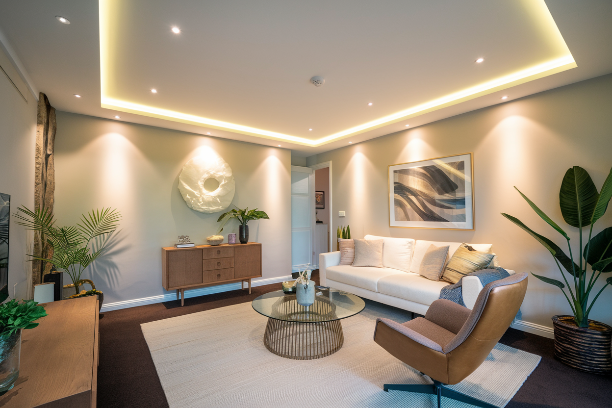 Electrician fitting new LED downlights for energy-efficient lighting