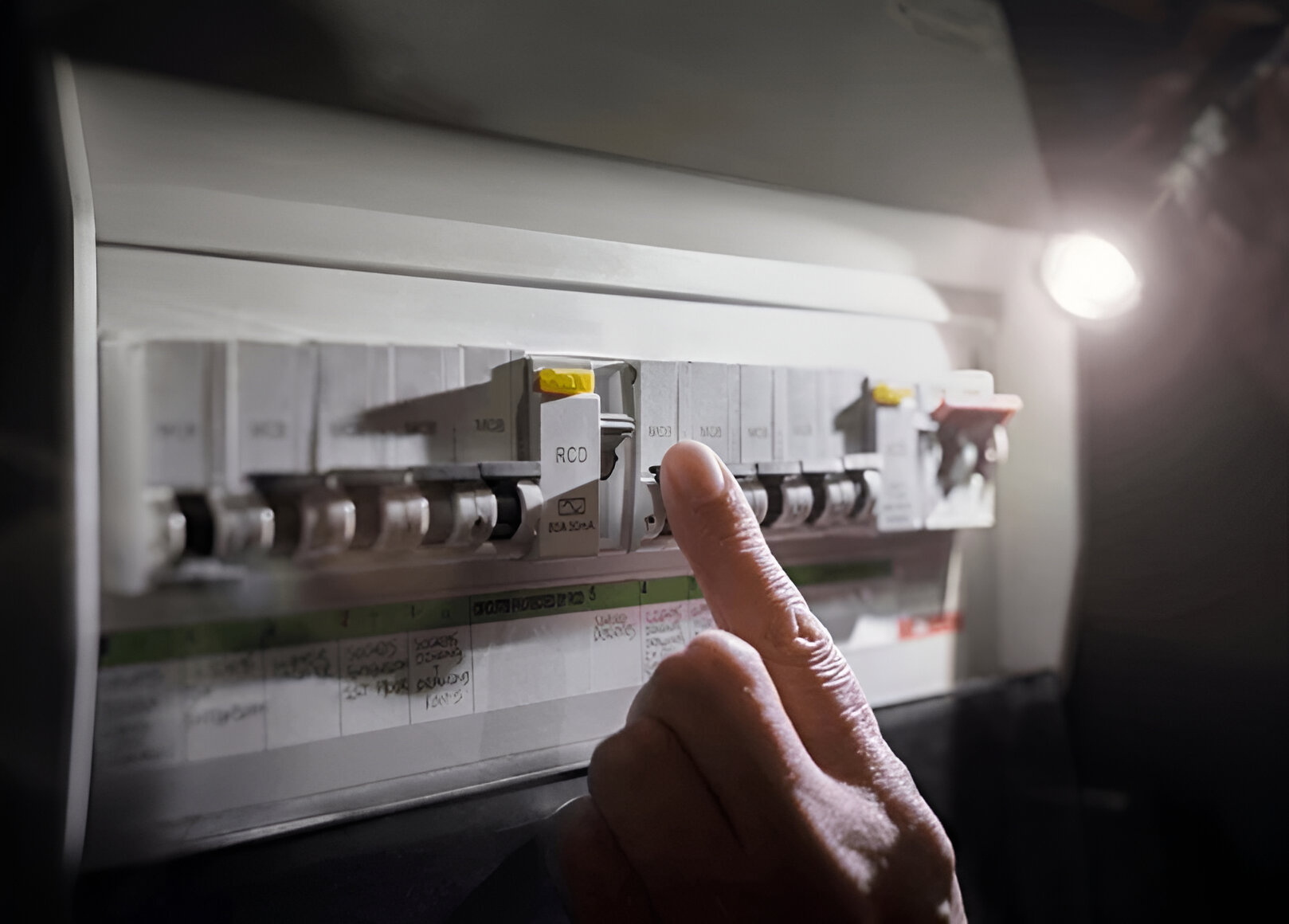 Electrician checking switchboard during power outage in Bondi