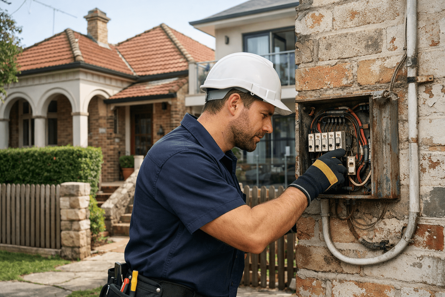 electrician inspecting electrical wiring in Eastern Suburbs residential property