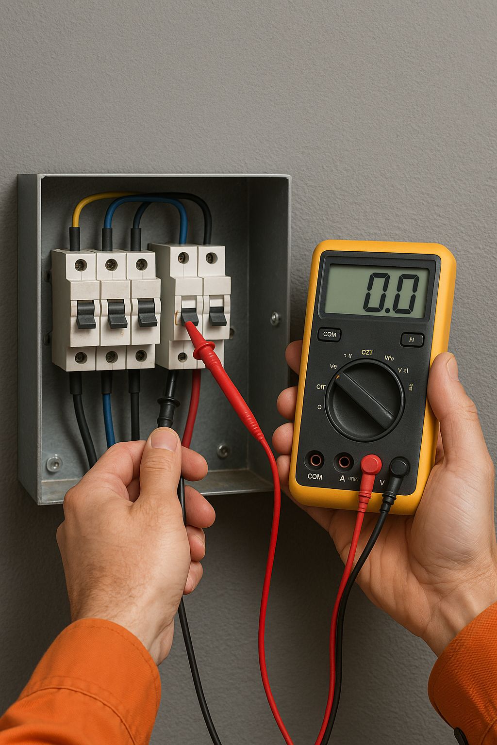 Electrical fault finding in Eastern Suburbs property using multimeter to test circuit breakers.