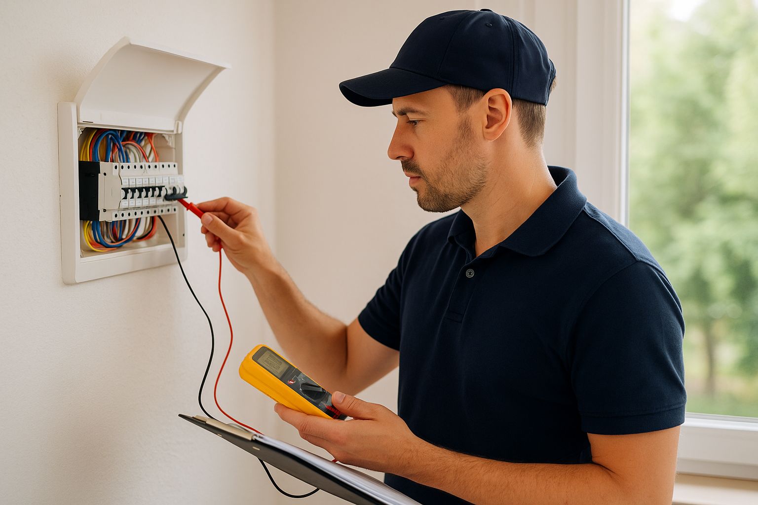 Electrician performing an electrical safety inspection in an Eastern Suburbs home using a multimeter at the switchboard.