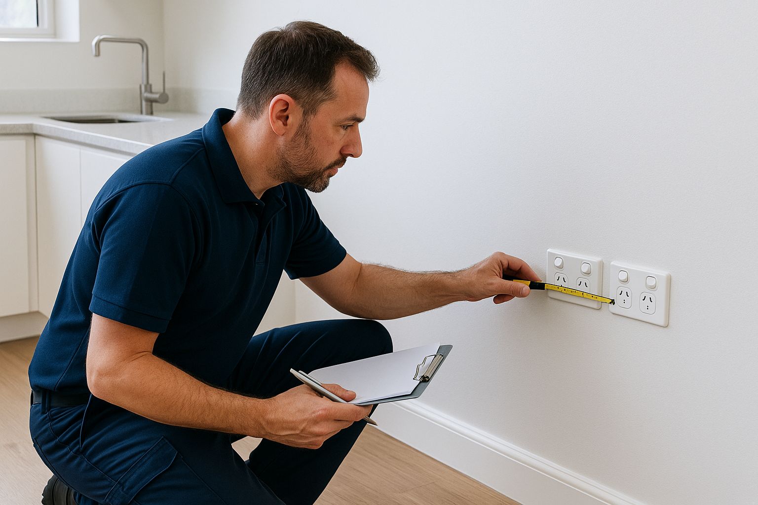 Electrician inspecting powerpoints in a clean Eastern Suburbs residential kitchen.