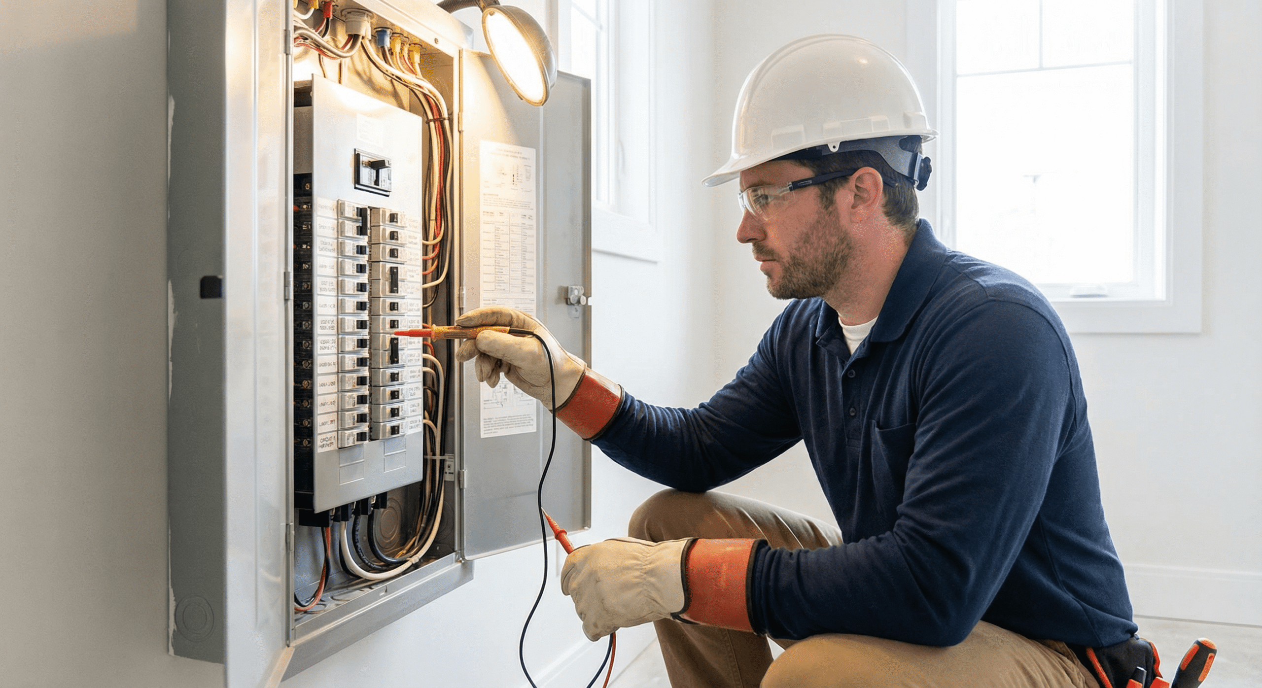 electrician inspecting switchboard during pre purchase electrical inspection