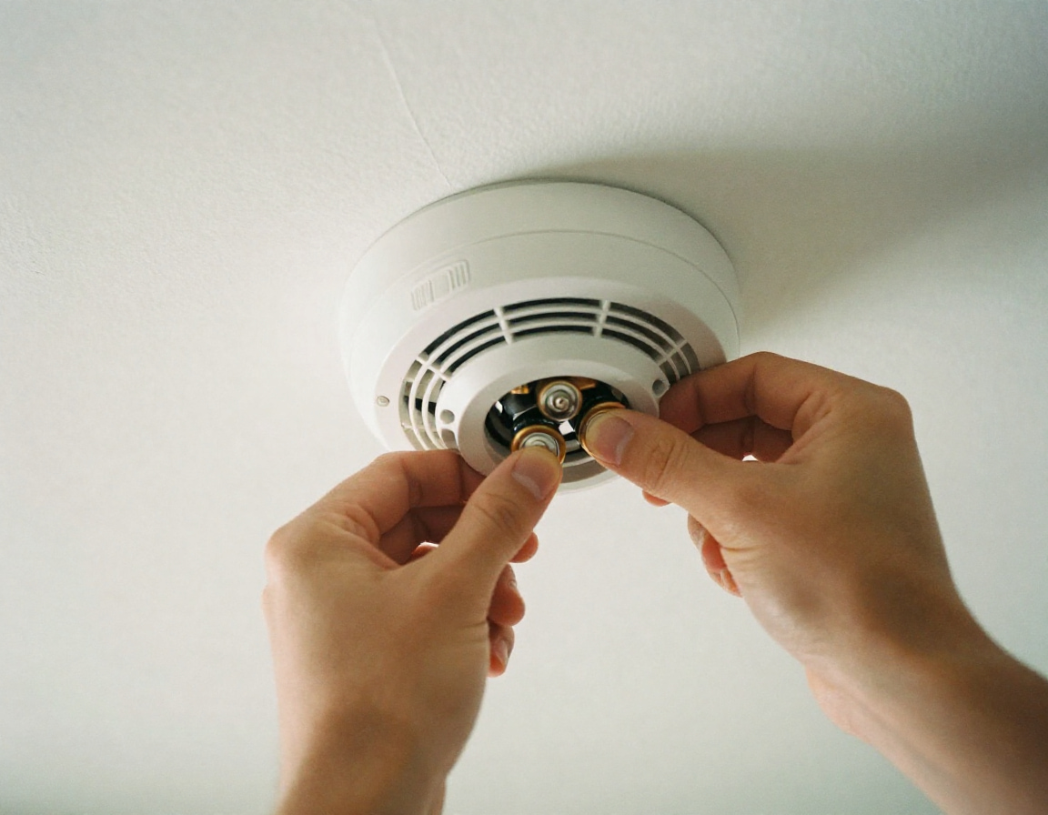 A person works to install a battery in a smoke alarm mounted on a white ceiling.