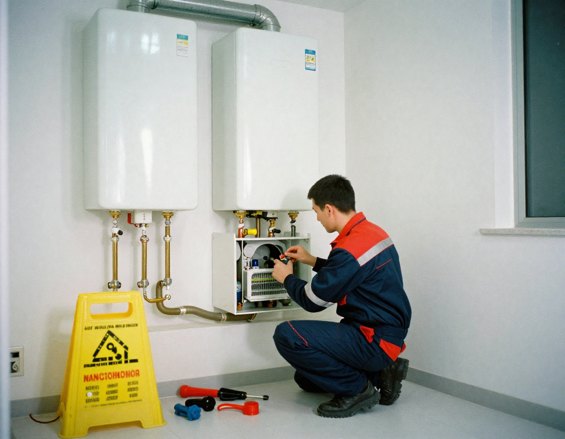 technician performing hot water repair in apartment