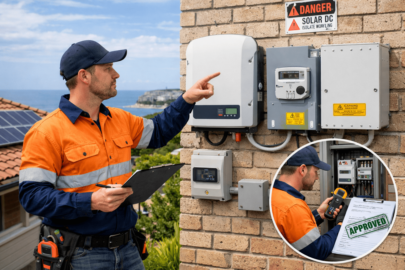 Licensed electrician inspecting solar and battery installation compliance in NSW home