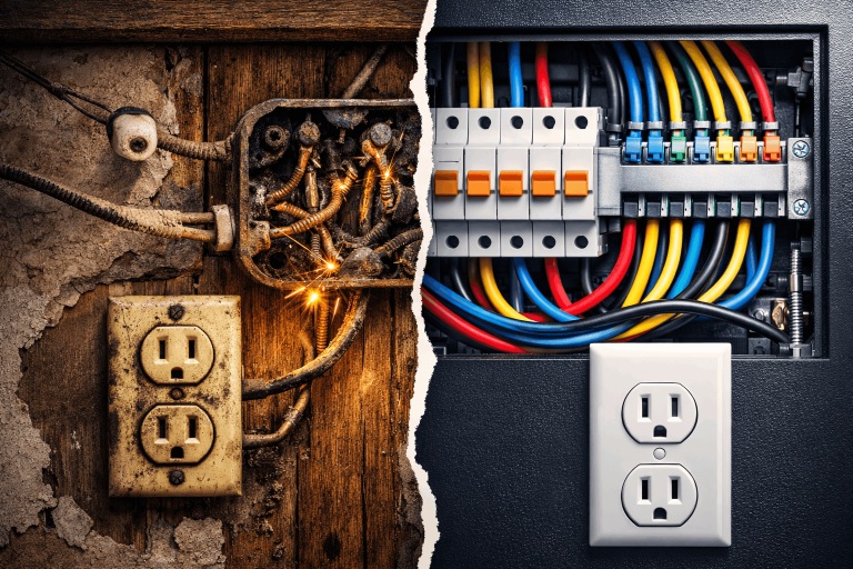 Side-by-side comparison of outdated electrical wiring and modern electrical system inside an Australian home