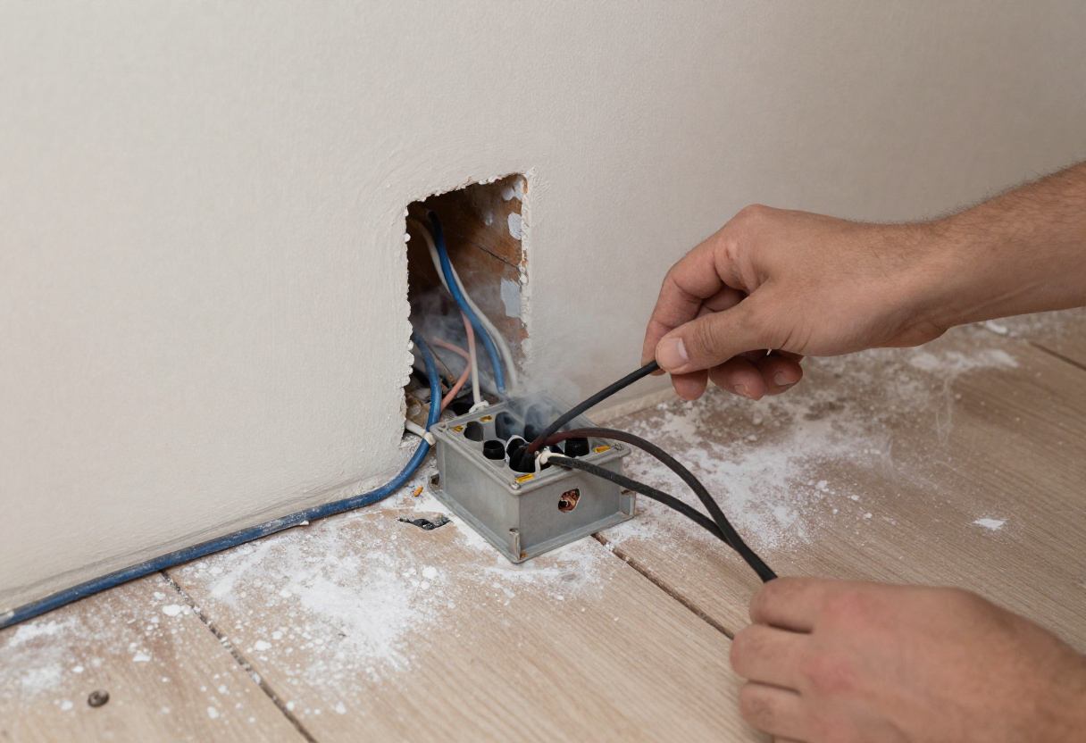 Unsafe DIY electrical work with exposed wiring in a home