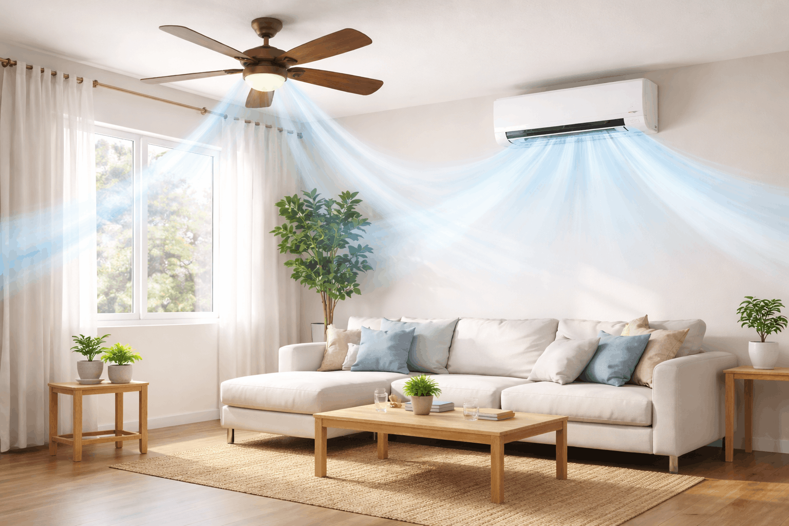 Living room with sofa, coffee table, indoor plants; ceiling fan vs air conditioning keeps you cool your way.