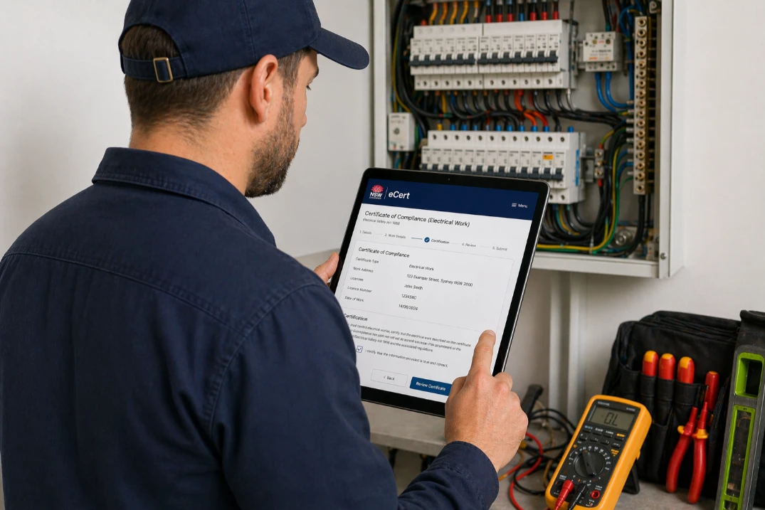 A licensed Sydney electrician using a tablet to log a Certificate of Compliance on the NSW eCert portal.