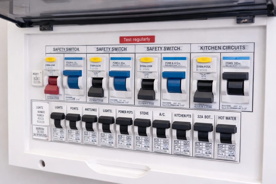 Close-up of a modern Australian electrical switchboard featuring safety switches and circuit breakers.