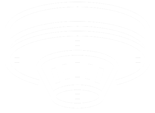 Ceiling-mounted smoke detector (round, vents visible) in white outline on dark background