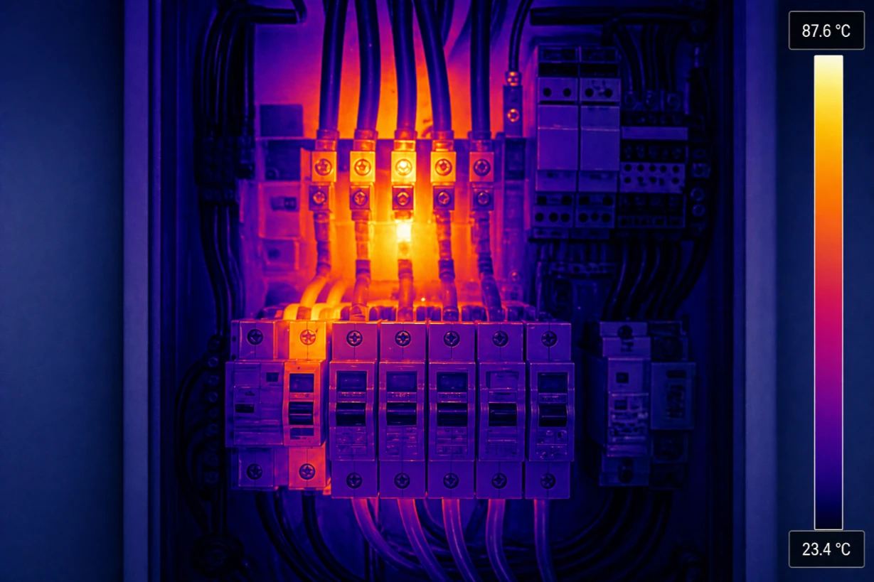 A thermographic image showing heat signatures in a commercial electrical panel to identify faults.