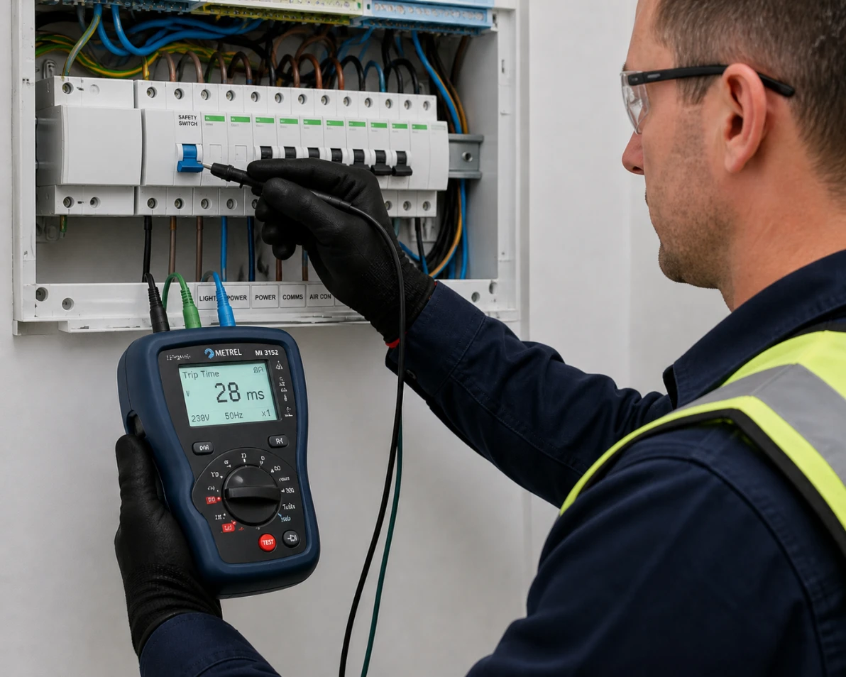 A licensed Australian electrician using a professional meter to test the trip time of a safety switch.