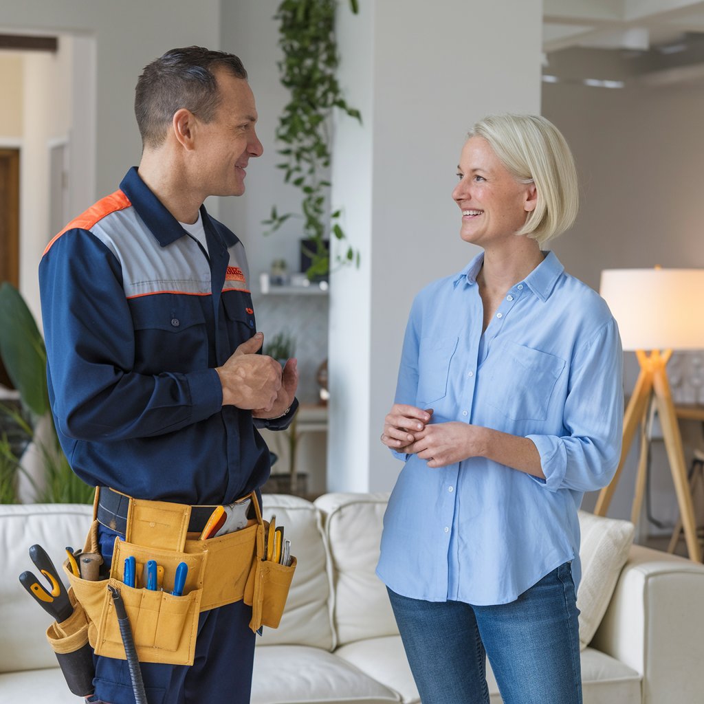 A Bucks Electrical technician with a tool belt discusses LED Downlight Installations with a smiling homeowner.