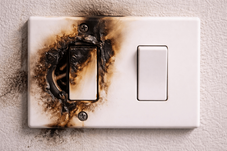Scorched light switch showing electrical arcing damage