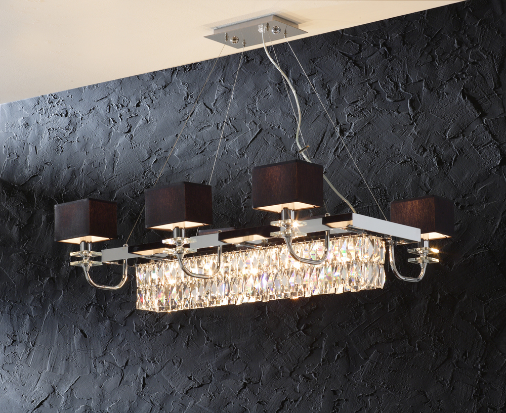Modern rectangular chandelier with five black lampshades, crystal accents, and IC-Rated Downlights on a textured wall.