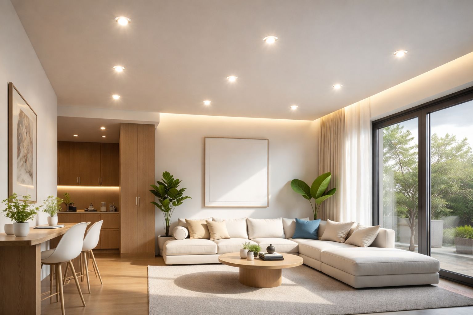 Modern living room with beige sectional sofa, round coffee table, plants, and floor-to-ceiling windows with greenery.