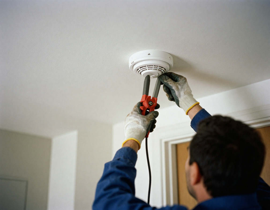Person in gloves using wire cutters to repair a smoke detector on a white ceiling, expert smoke alarm services.