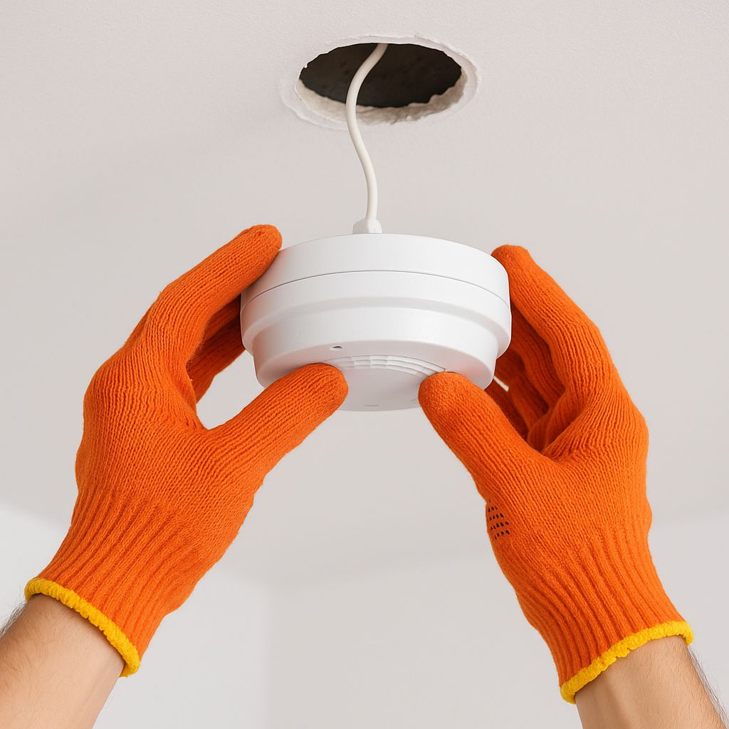 Person wearing orange gloves installs smoke detector on ceiling in Eastern Suburbs Sydney, wiring visible through hole.